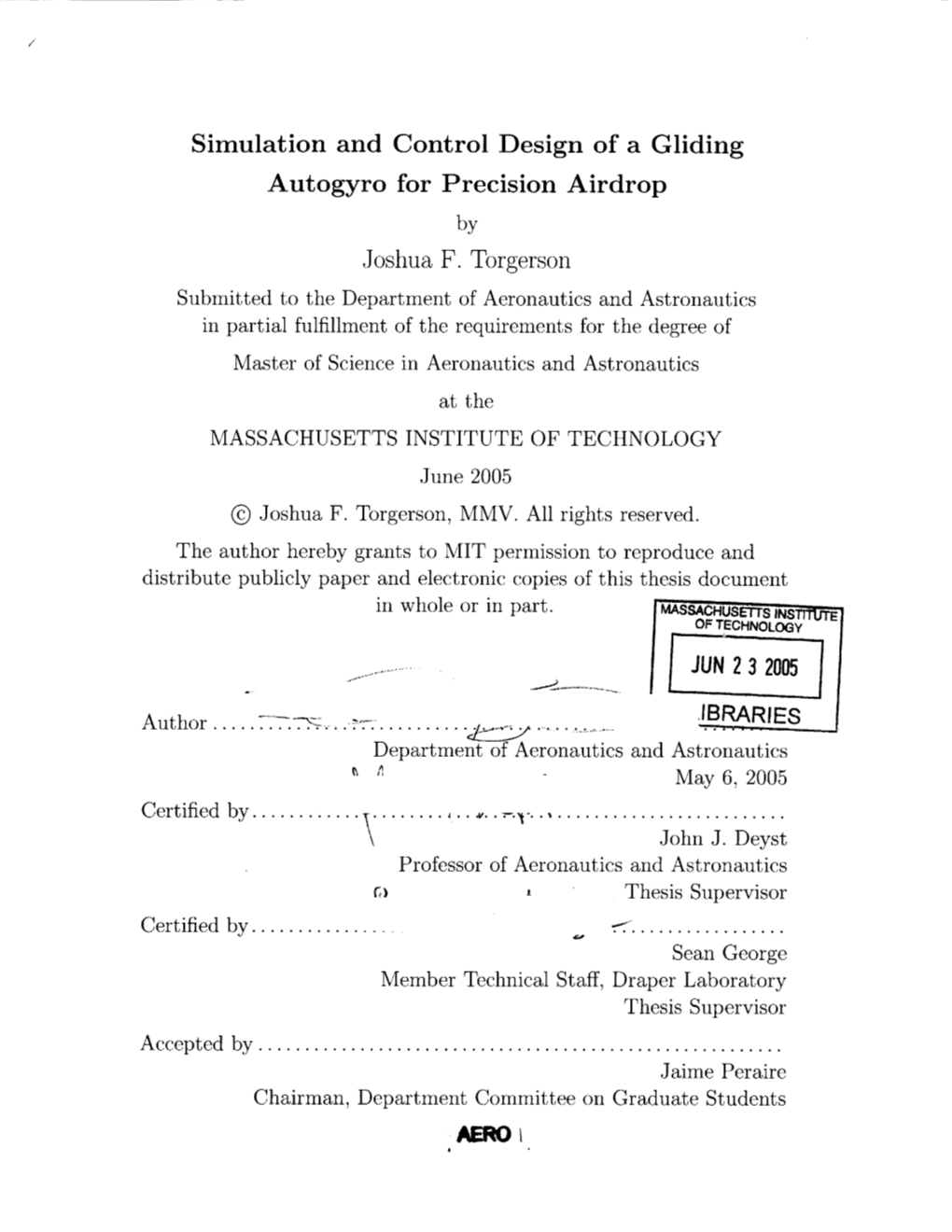 Simulation and Control Design of a Gliding Autogyro for Precision Airdrop by Joshua F