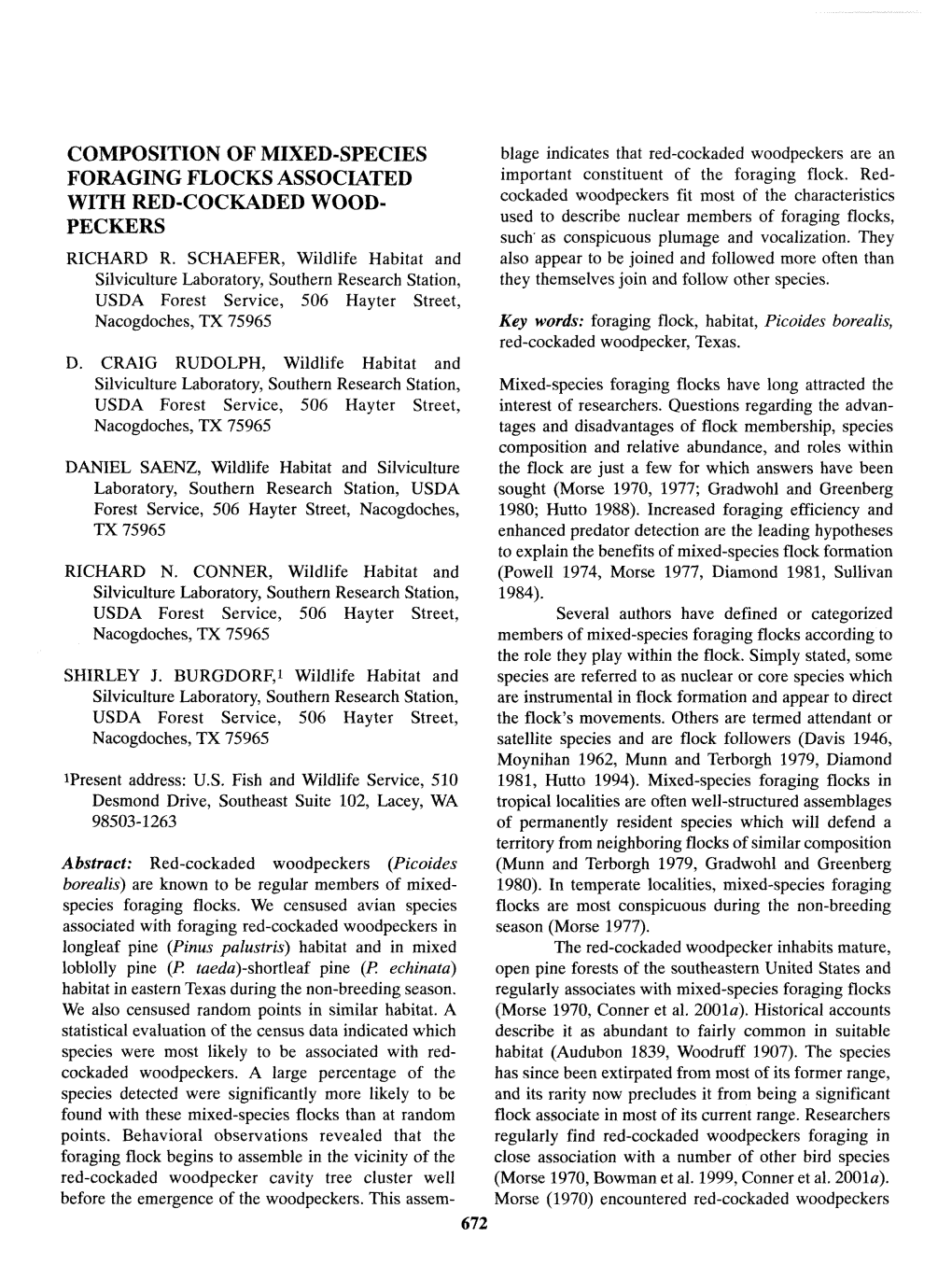 Composition of Mixed-Species Foraging Flocks Associated with Red-Cockaded Wood- Peckers