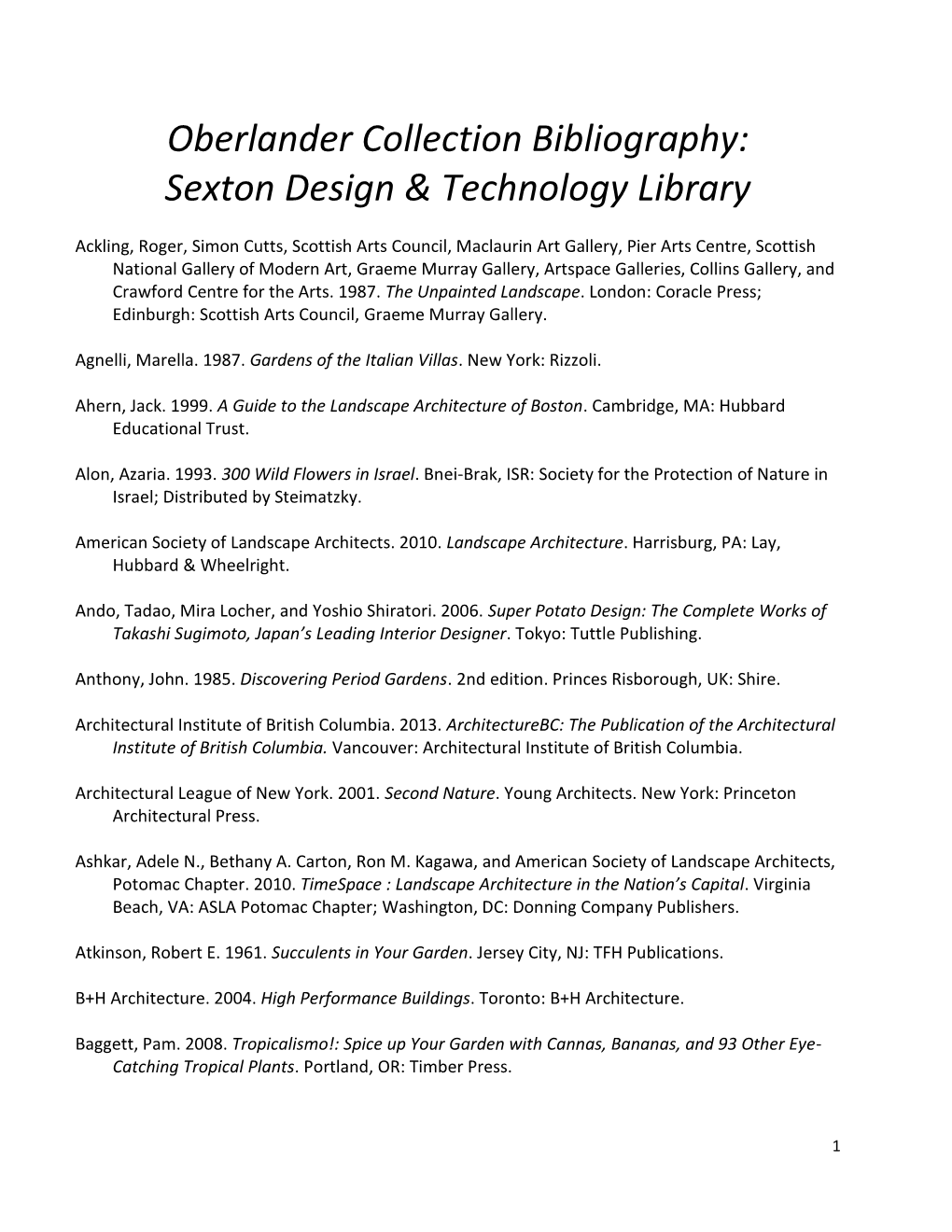 Oberlander Collection Bibliography: Sexton Design & Technology Library