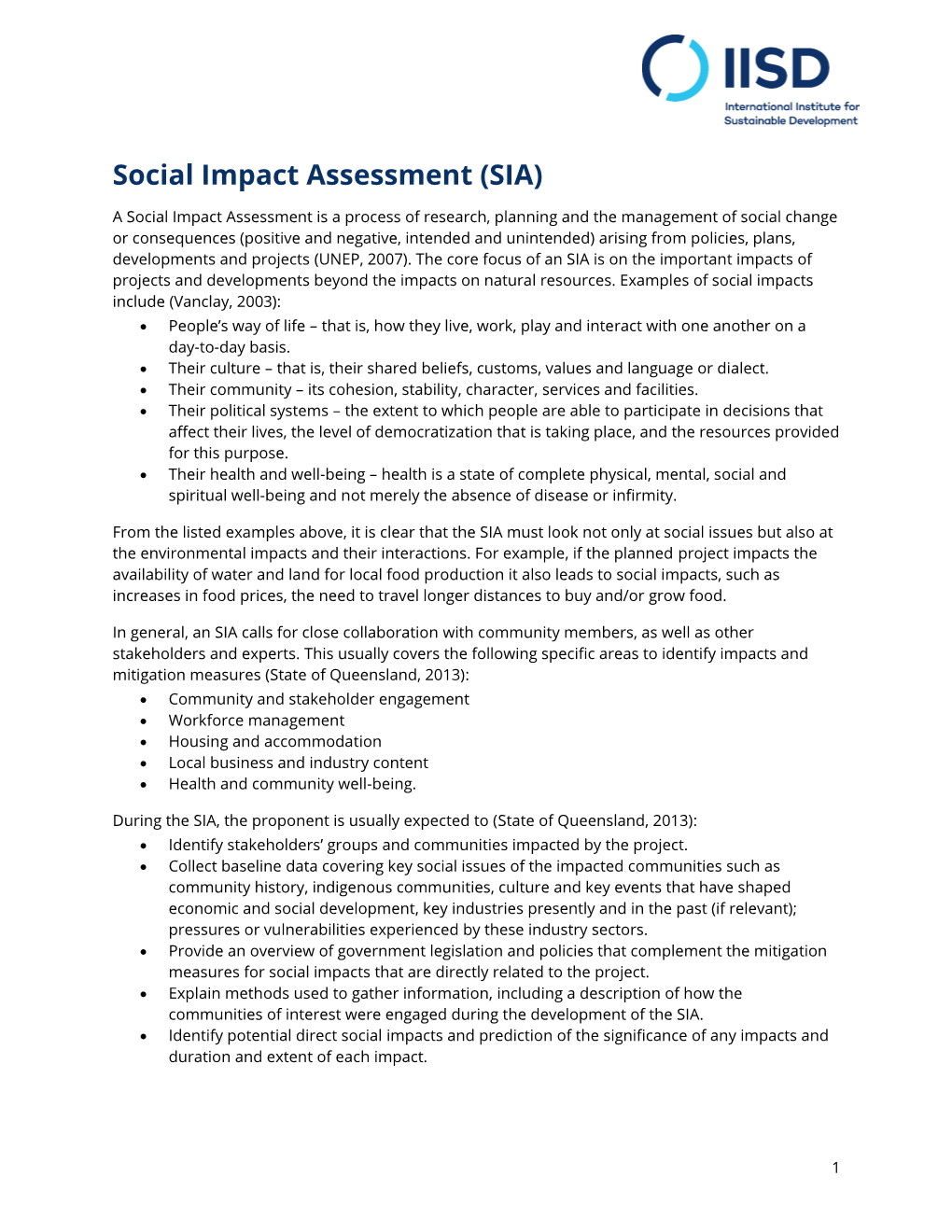 Social Impact Assessment (SIA)