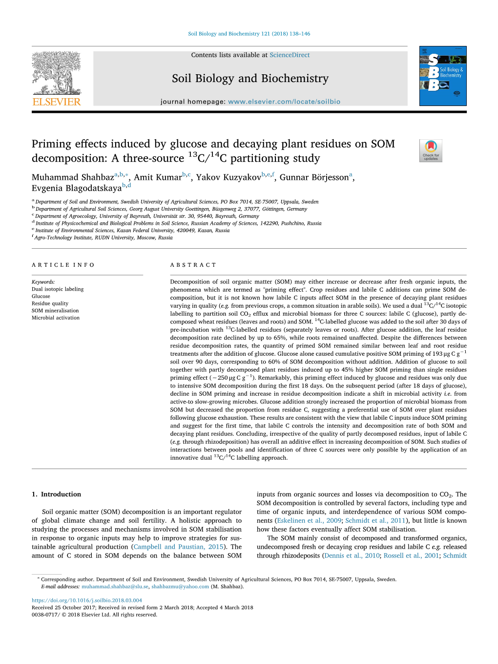 Priming Effects Induced by Glucose and Decaying Plant Residues On