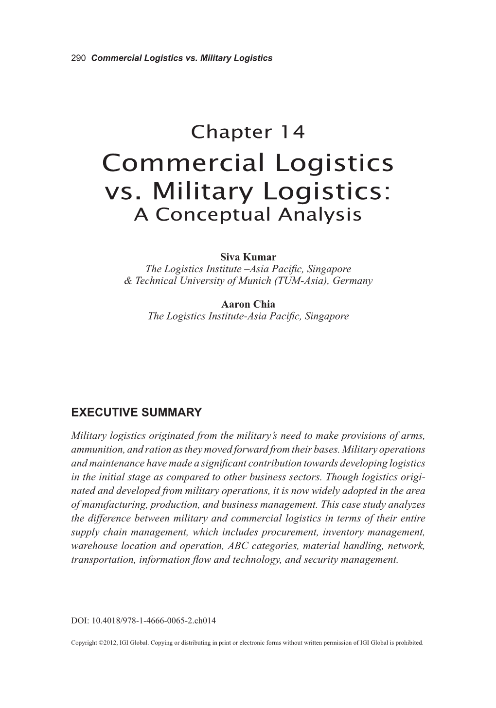Commercial Logistics Vs. Military Logistics: a Conceptual Analysis