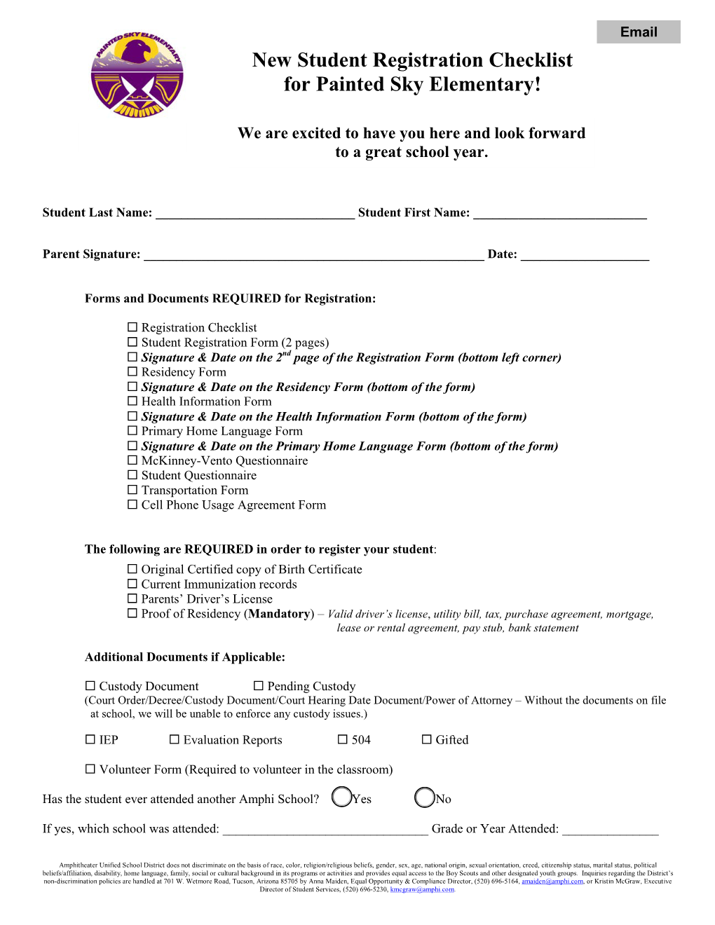 New Student Registration Checklist for Painted Sky Elementary!