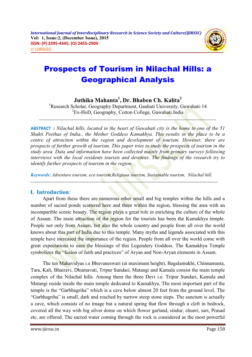 Prospects of Tourism in Nilachal Hills: a Geographical Analysis