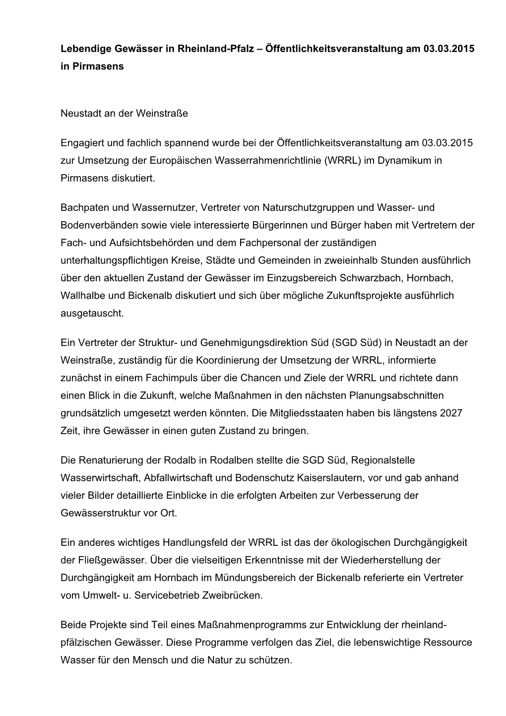 Lebendige Gewässer in Rheinland-Pfalz – Öffentlichkeitsveranstaltung Am 03.03.2015 in Pirmasens