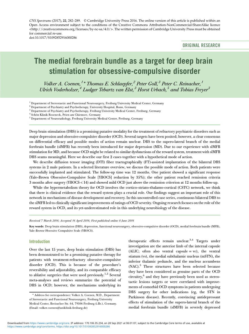 The Medial Forebrain Bundle As a Target for Deep Brain Stimulation for Obsessive-Compulsive Disorder