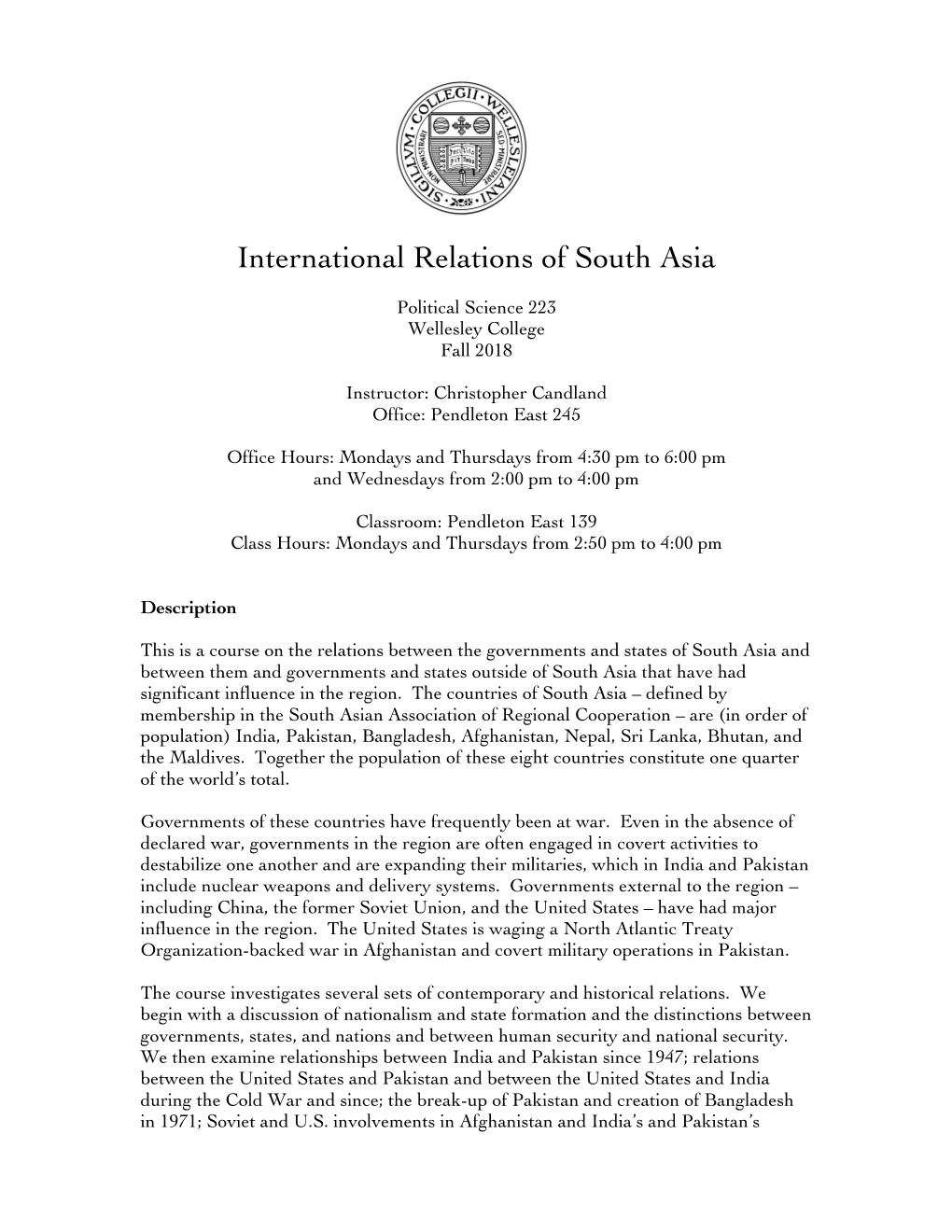 POL3 223 International Relations of South Asia (Fall 2018)