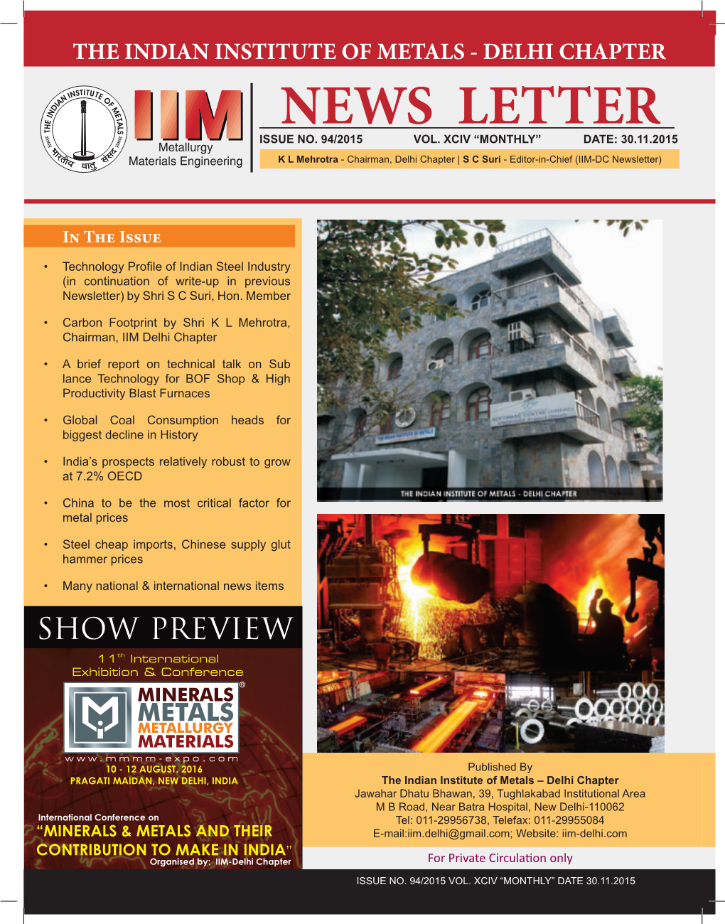 NEWS LETTER  Indian Steel Industry – Current Status, ISSUE NO