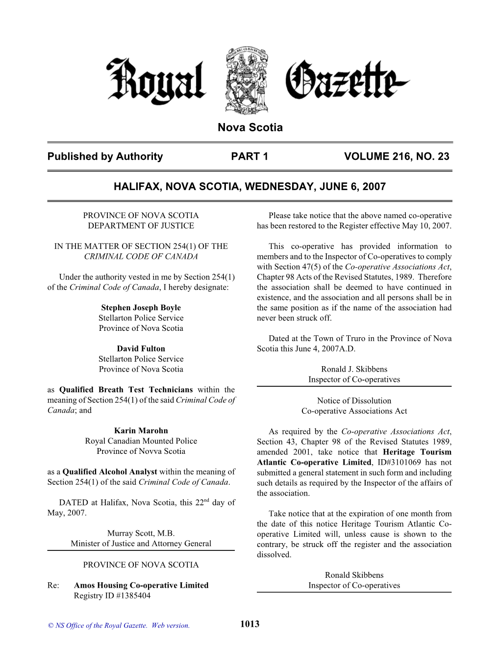 NS Royal Gazette Part I