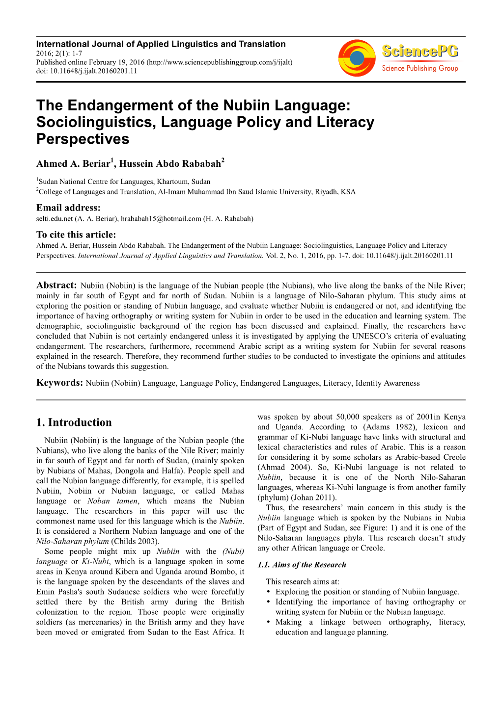 The Endangerment of the Nubiin Language: Sociolinguistics, Language Policy and Literacy Perspectives