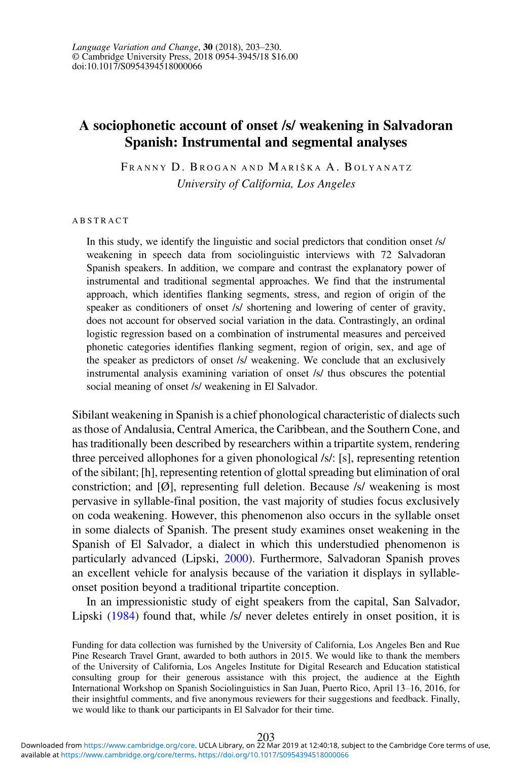 A Sociophonetic Account of Onset /S/ Weakening in Salvadoran Spanish: Instrumental and Segmental Analyses