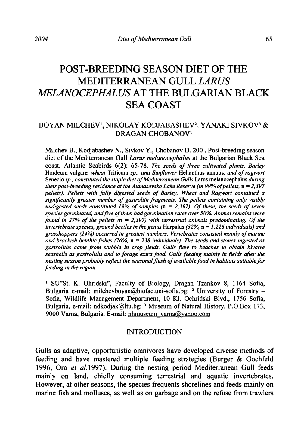 Post-Breeding Season Diet of the Mediterranean Gull Larus