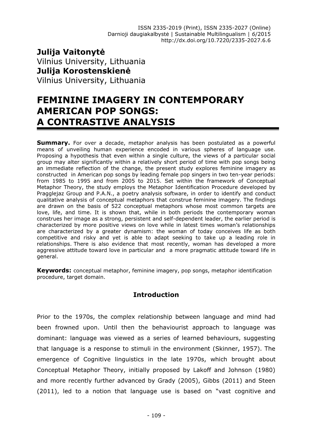 Feminine Imagery in Contemporary American Pop Songs: a Contrastive Analysis