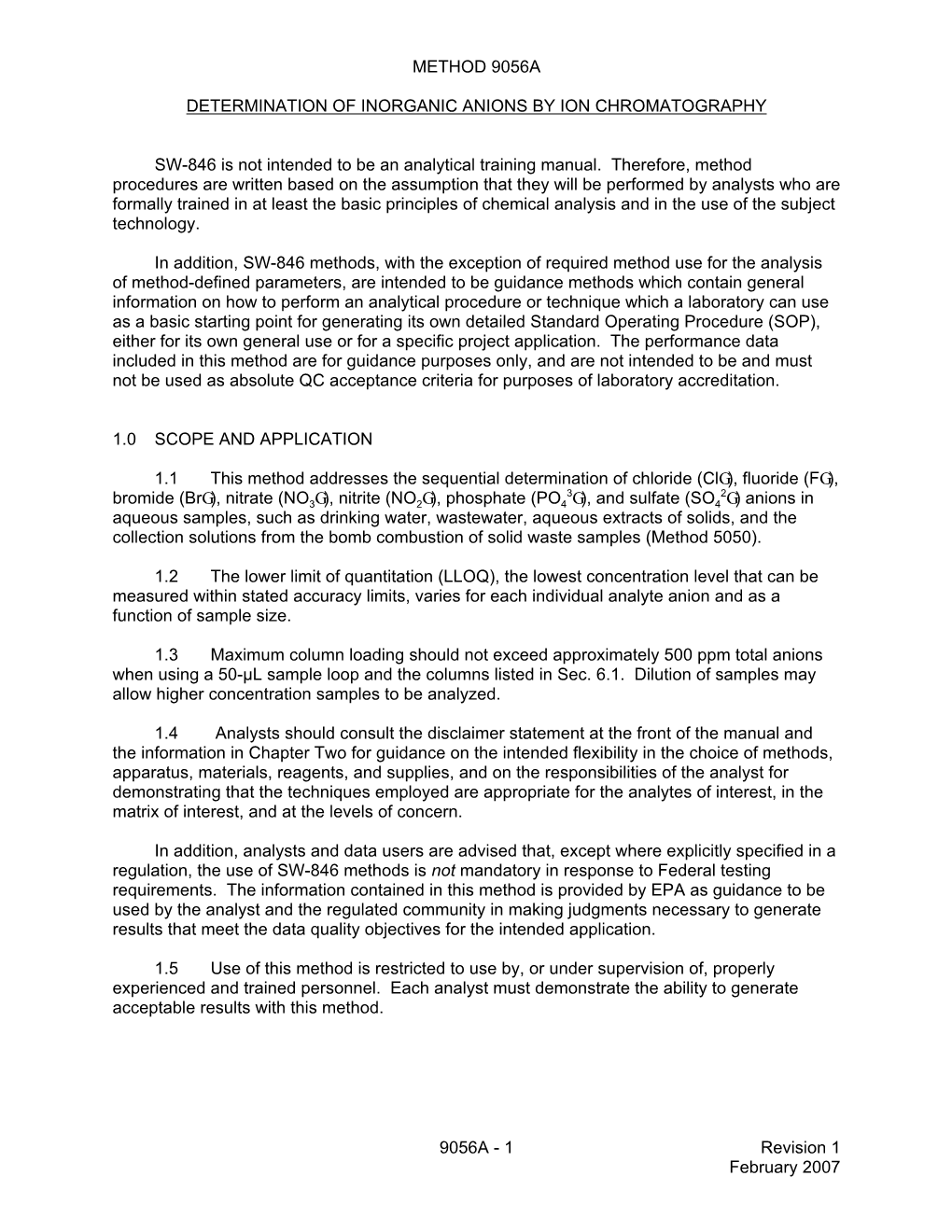 Method 9056A: Determination of Inorganic Anions by Ion