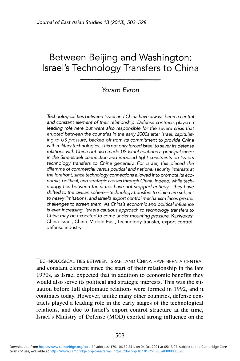 Israel's Technology Transfers to China