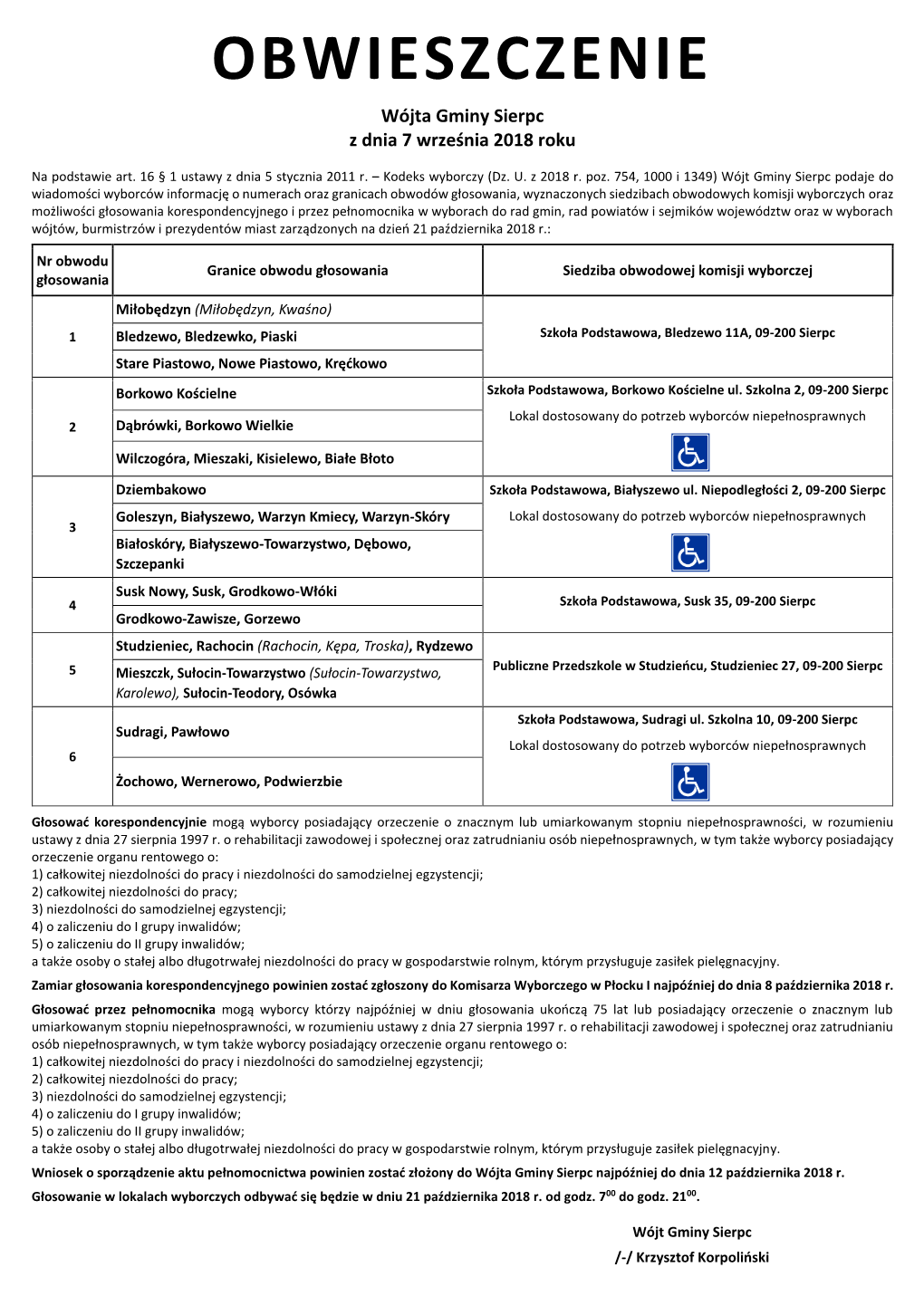 OBWIESZCZENIE Wójta Gminy Sierpc Z Dnia 7 Września 2018 Roku