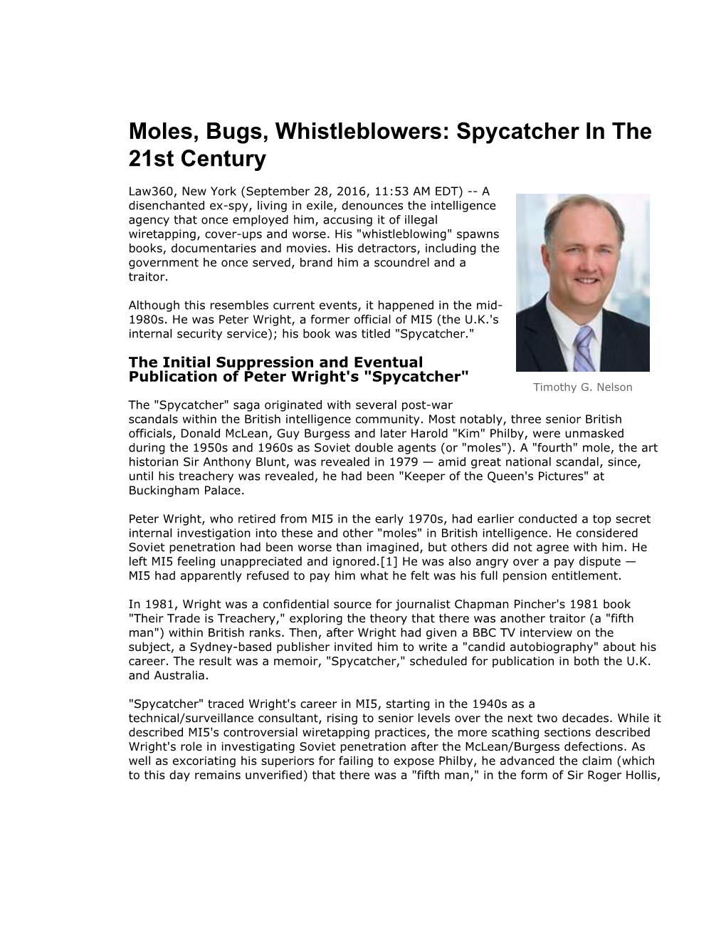 Moles, Bugs, Whistleblowers: Spycatcher in the 21St Century