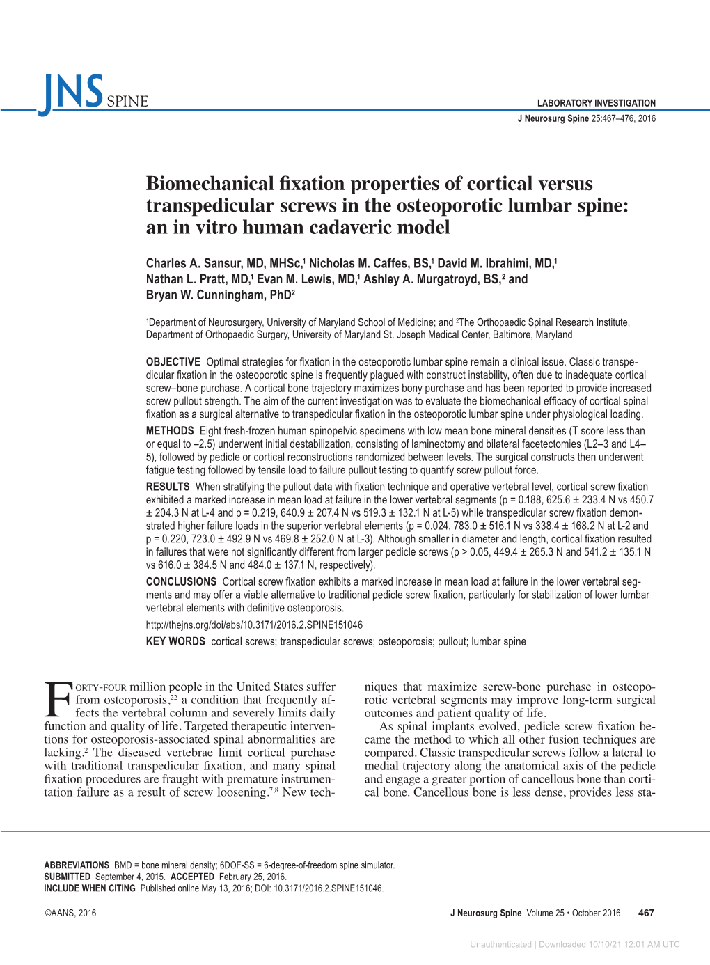 Biomechanical Fixation Properties of Cortical Versus Transpedicular Screws in the Osteoporotic Lumbar Spine: an in Vitro Human Cadaveric Model