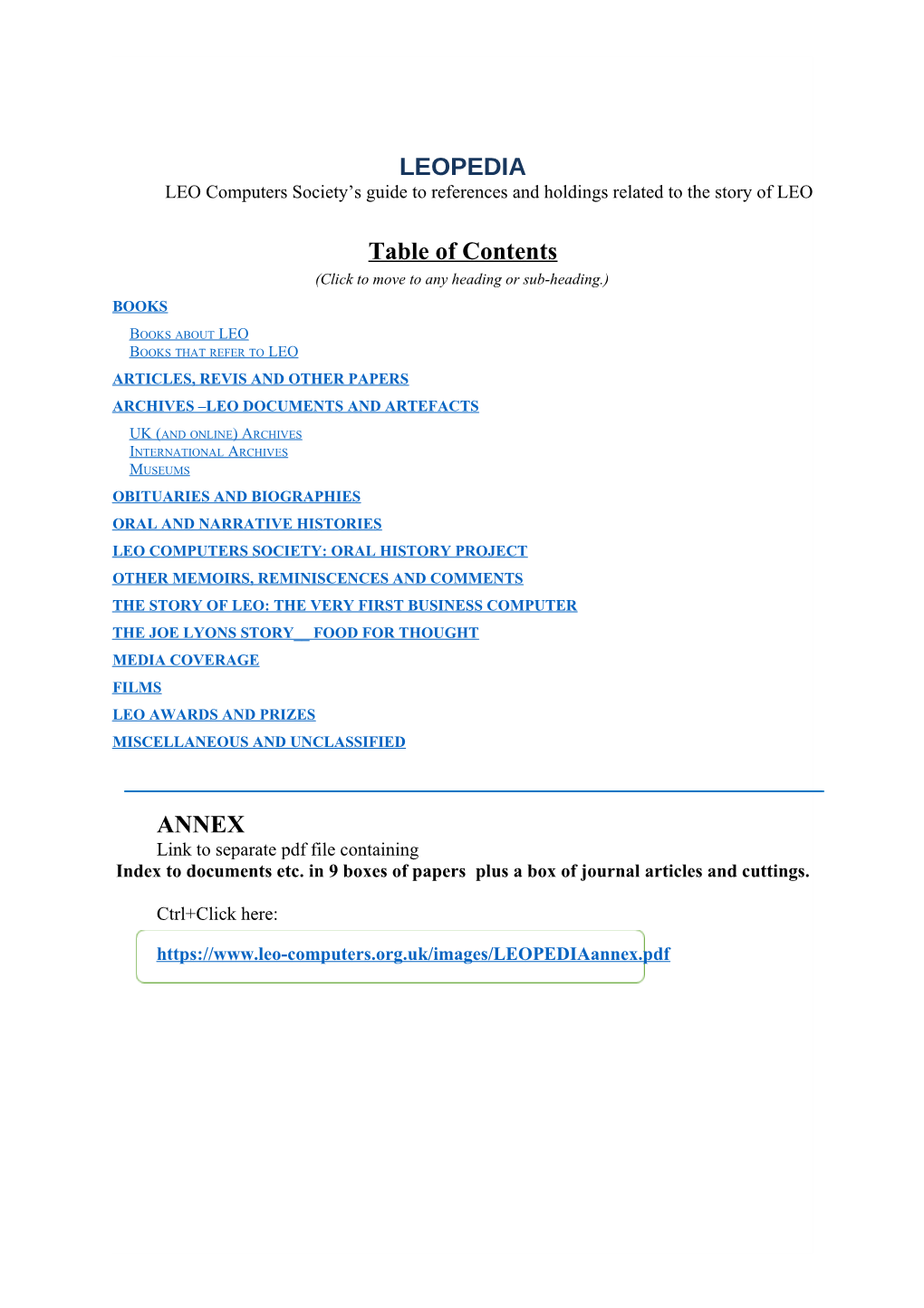 LEOPEDIA LEO Computers Society’S Guide to References and Holdings Related to the Story of LEO