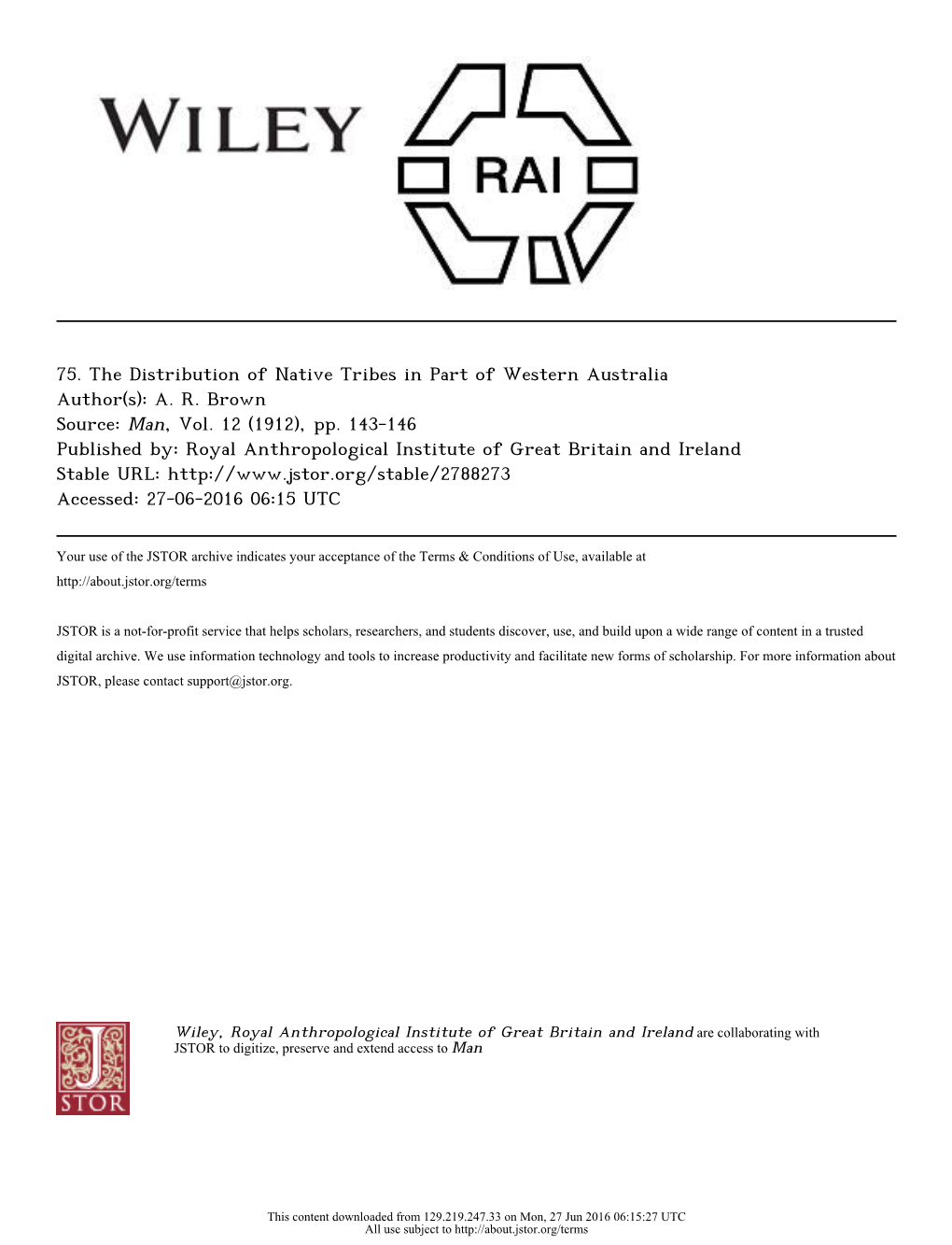 75. the Distribution of Native Tribes in Part of Western Australia Author(S): A