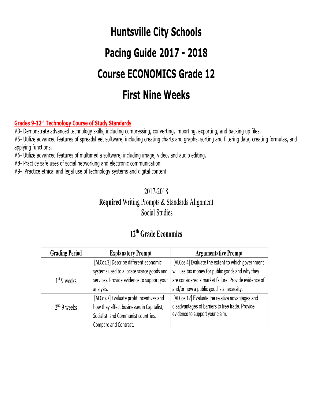 Huntsville City Schools Pacing Guide 2017 - 2018 Course ECONOMICS Grade 12 First Nine Weeks