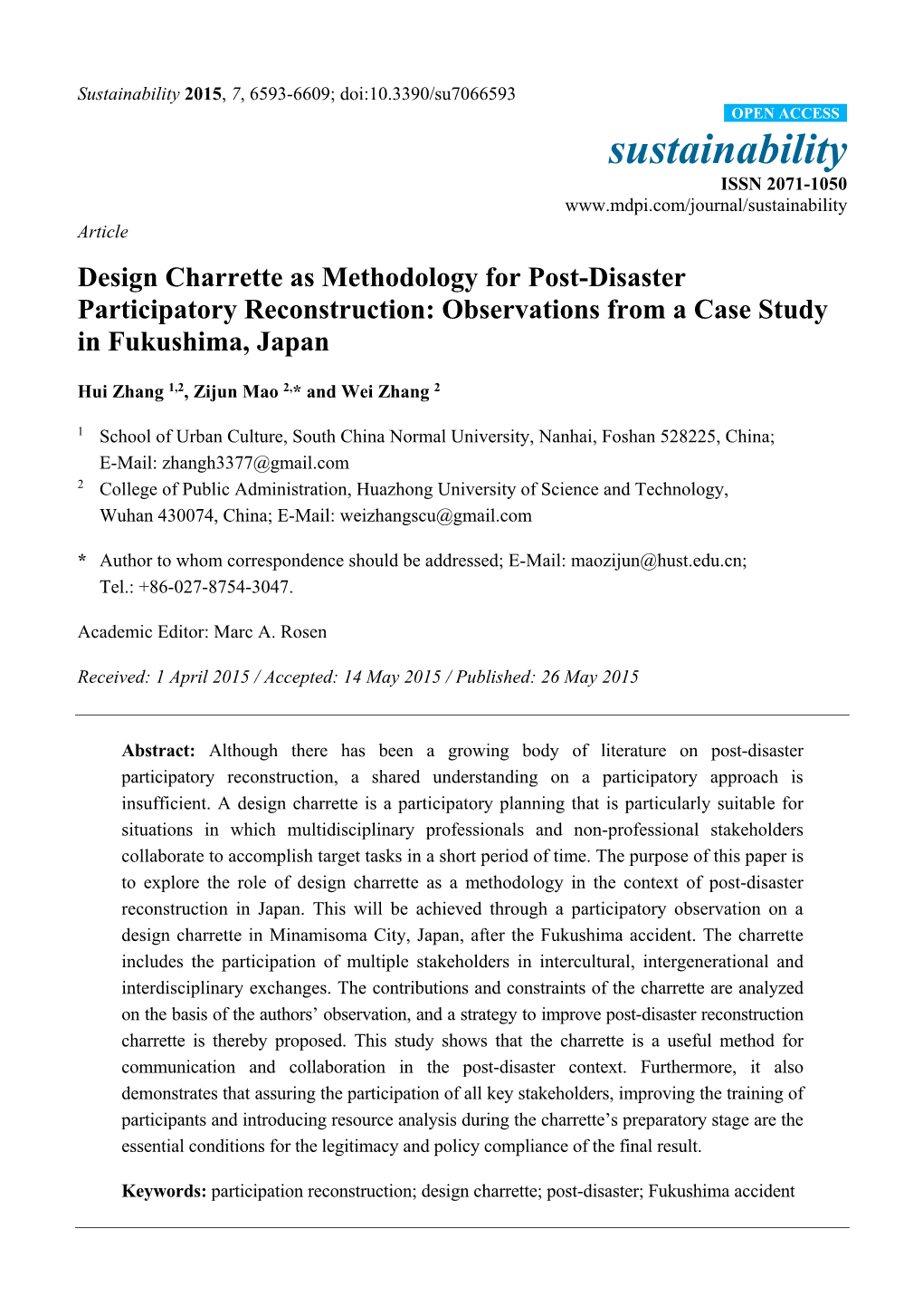 Design Charrette As Methodology for Post-Disaster Participatory Reconstruction: Observations from a Case Study in Fukushima, Japan