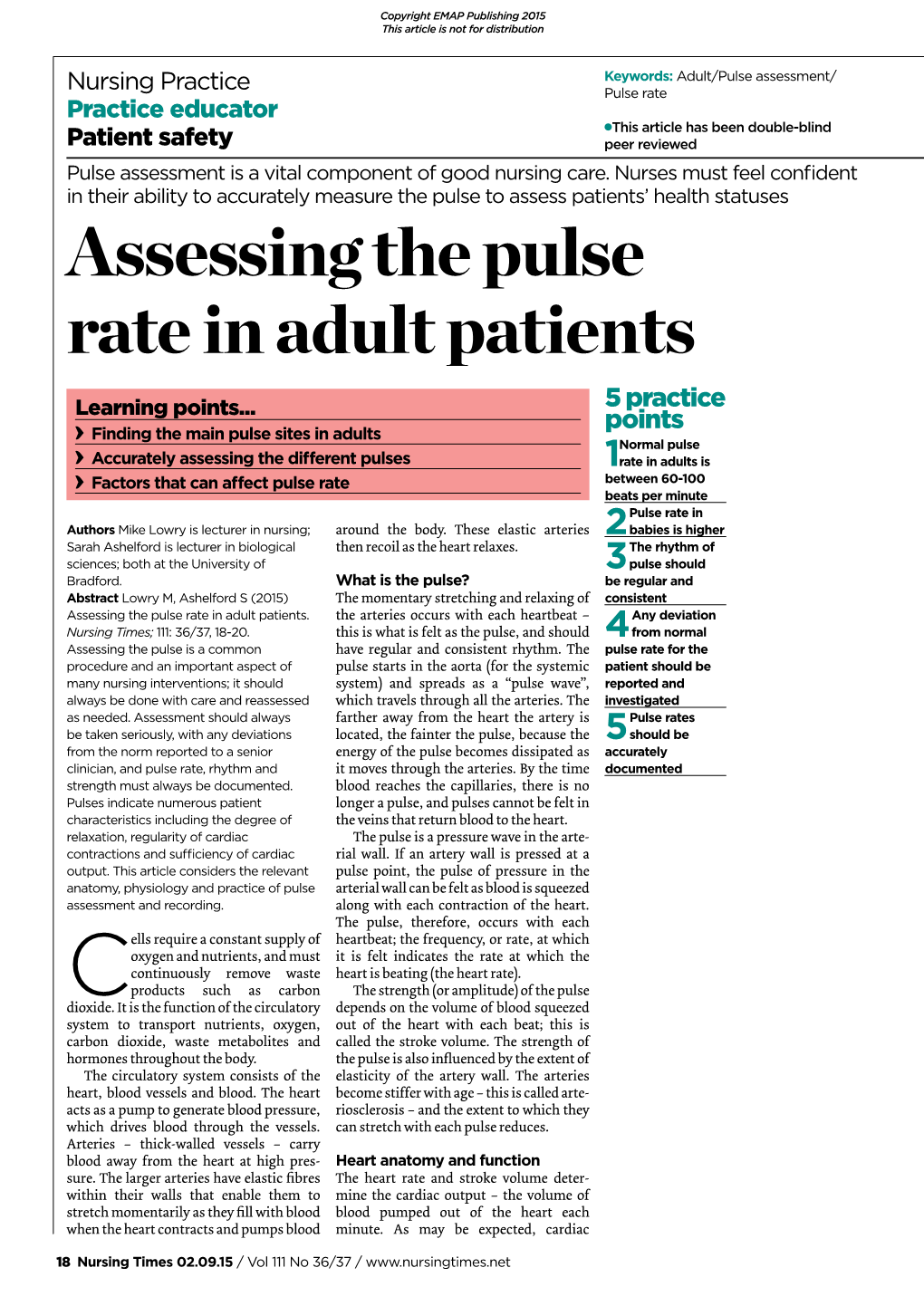 Assessing the Pulse Rate in Adult Patients