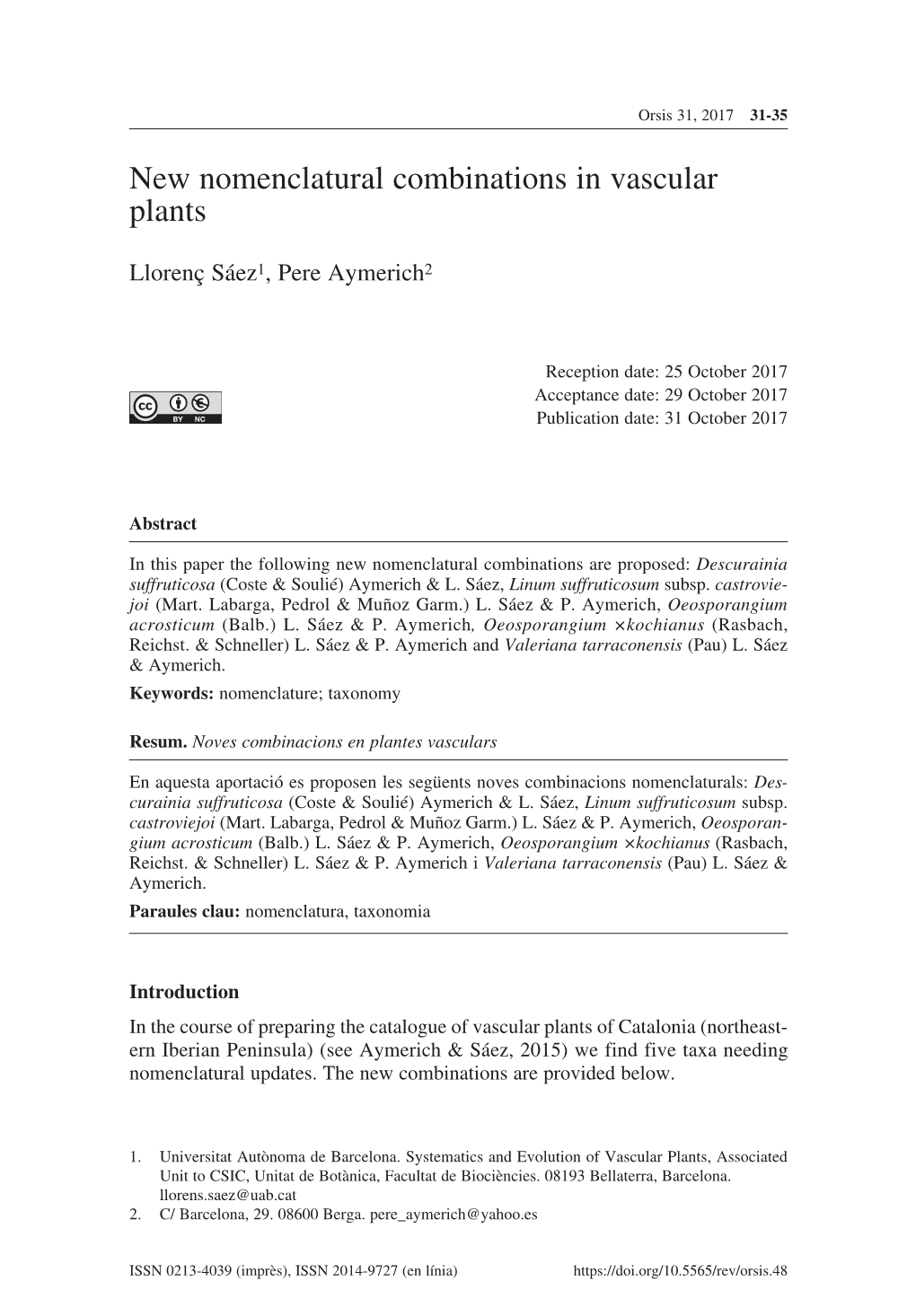 New Nomenclatural Combinations in Vascular Plants