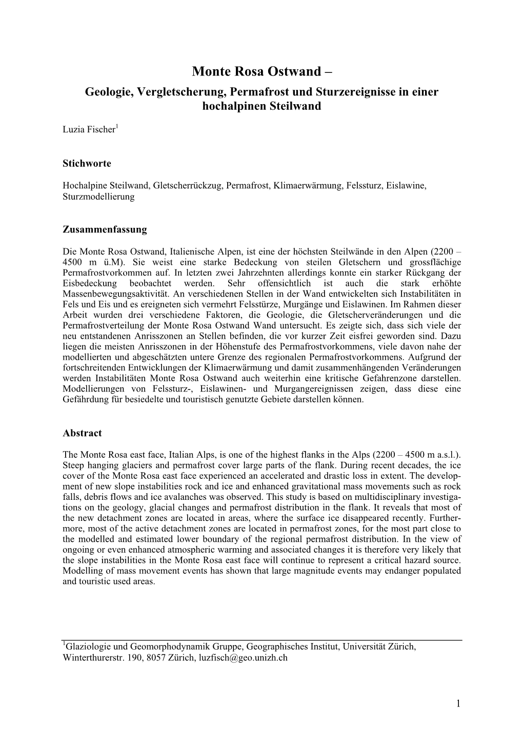 Monte Rosa Ostwand – Geologie, Vergletscherung, Permafrost Und Sturzereignisse in Einer Hochalpinen Steilwand