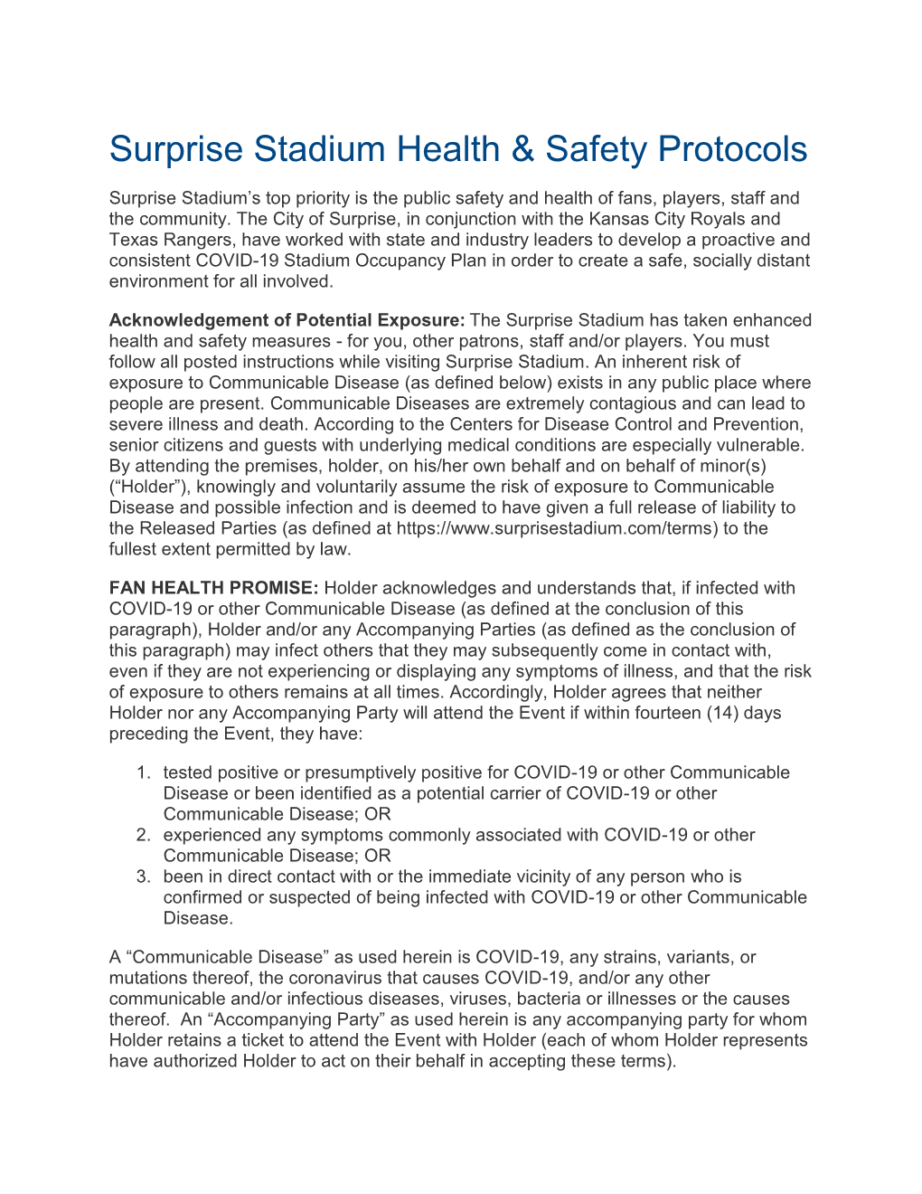 Surprise Stadium Health & Safety Protocols