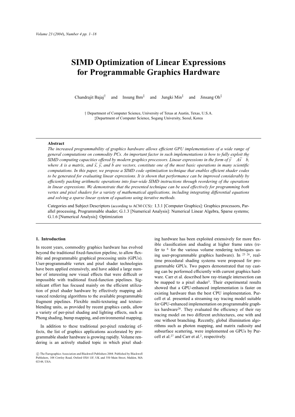 SIMD Optimization of Linear Expressions for Programmable Graphics Hardware