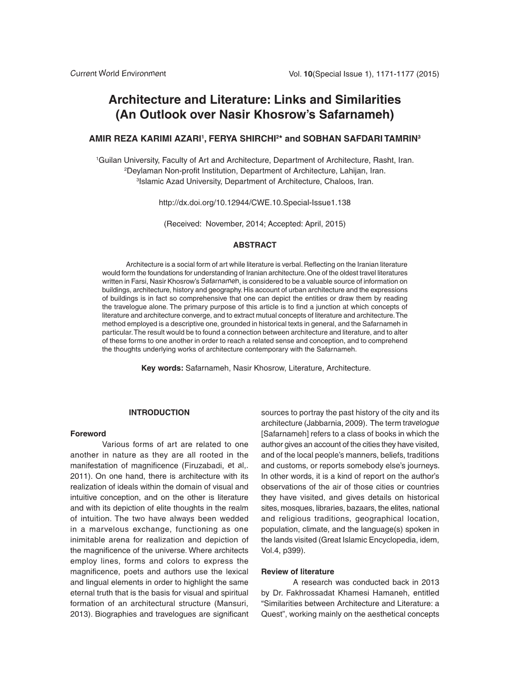 Architecture and Literature: Links and Similarities (An Outlook Over Nasir Khosrow’S Safarnameh)