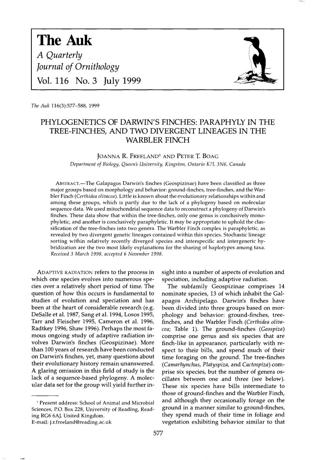 Phylogenetics of Darwin's Finches: Paraphyly in the Tree-Finches, and Two Divergent Lineages in the Warbler Finch