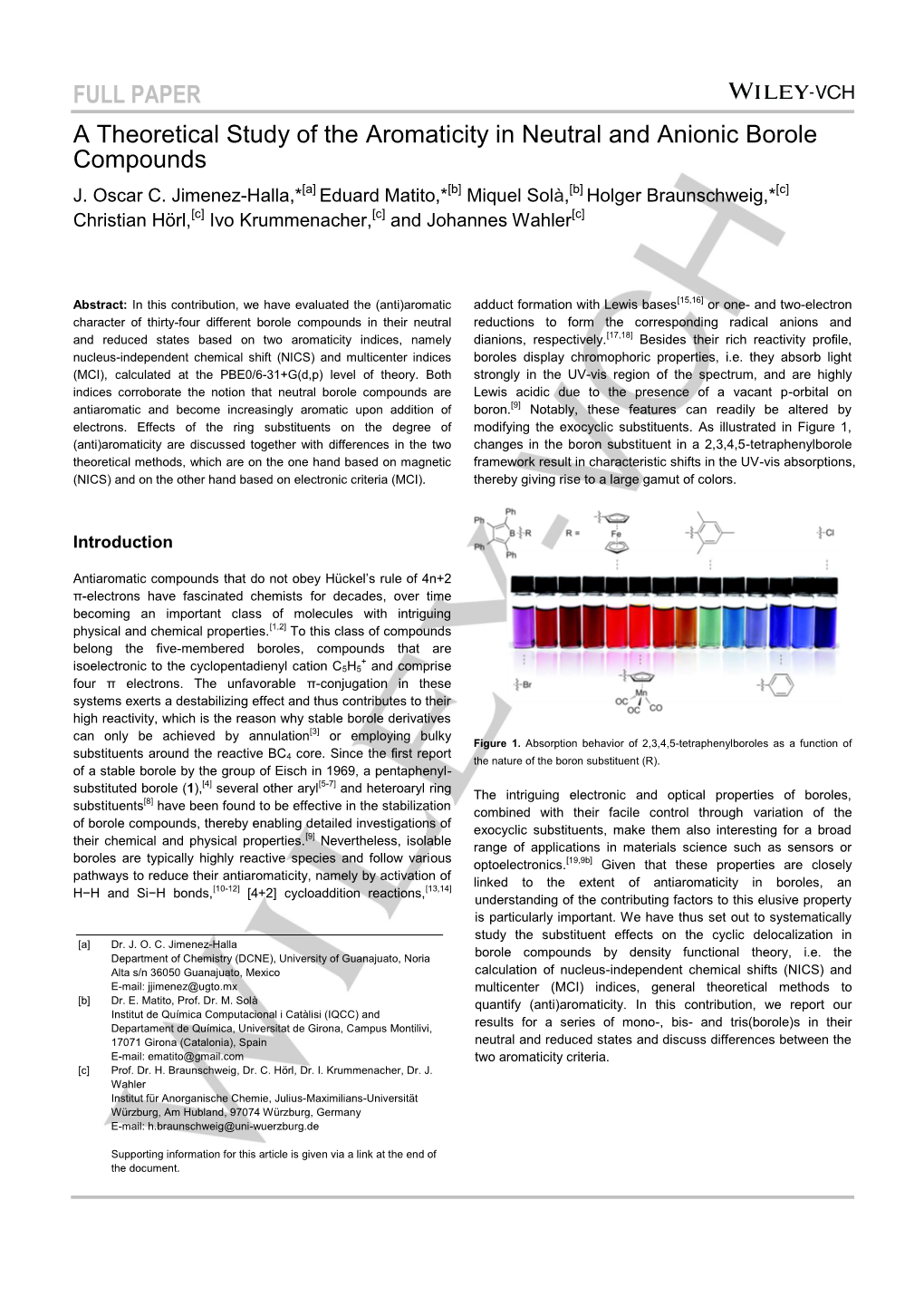 FULL PAPER a Theoretical Study of the Aromaticity in Neutral and Anionic Borole Compounds J