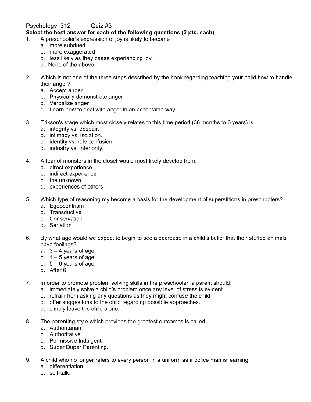 Introduction to Psychology Quiz #1