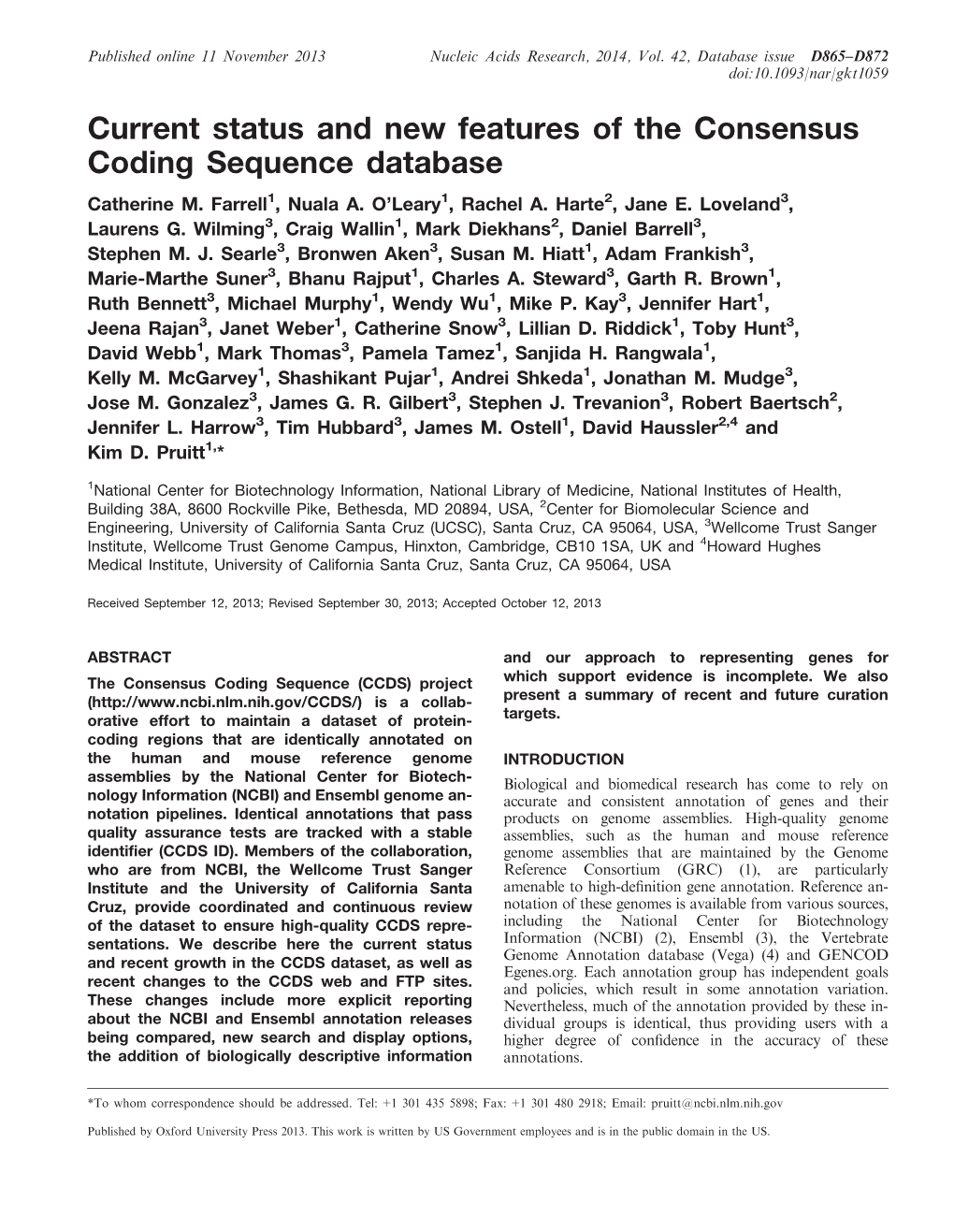 Current Status and New Features of the Consensus Coding Sequence Database Catherine M