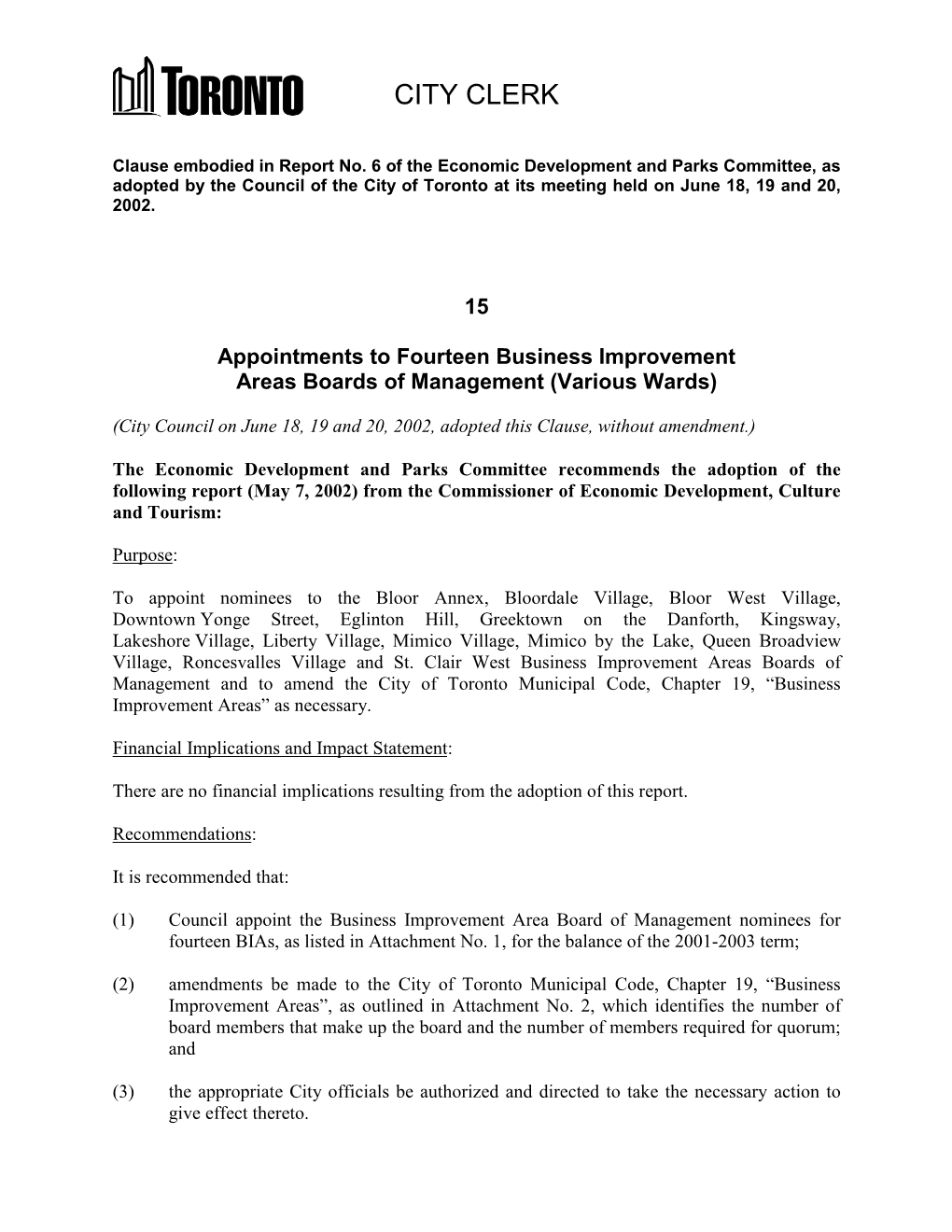 Appointments to Fourteen Business Improvement Areas Boards of Management (Various Wards)