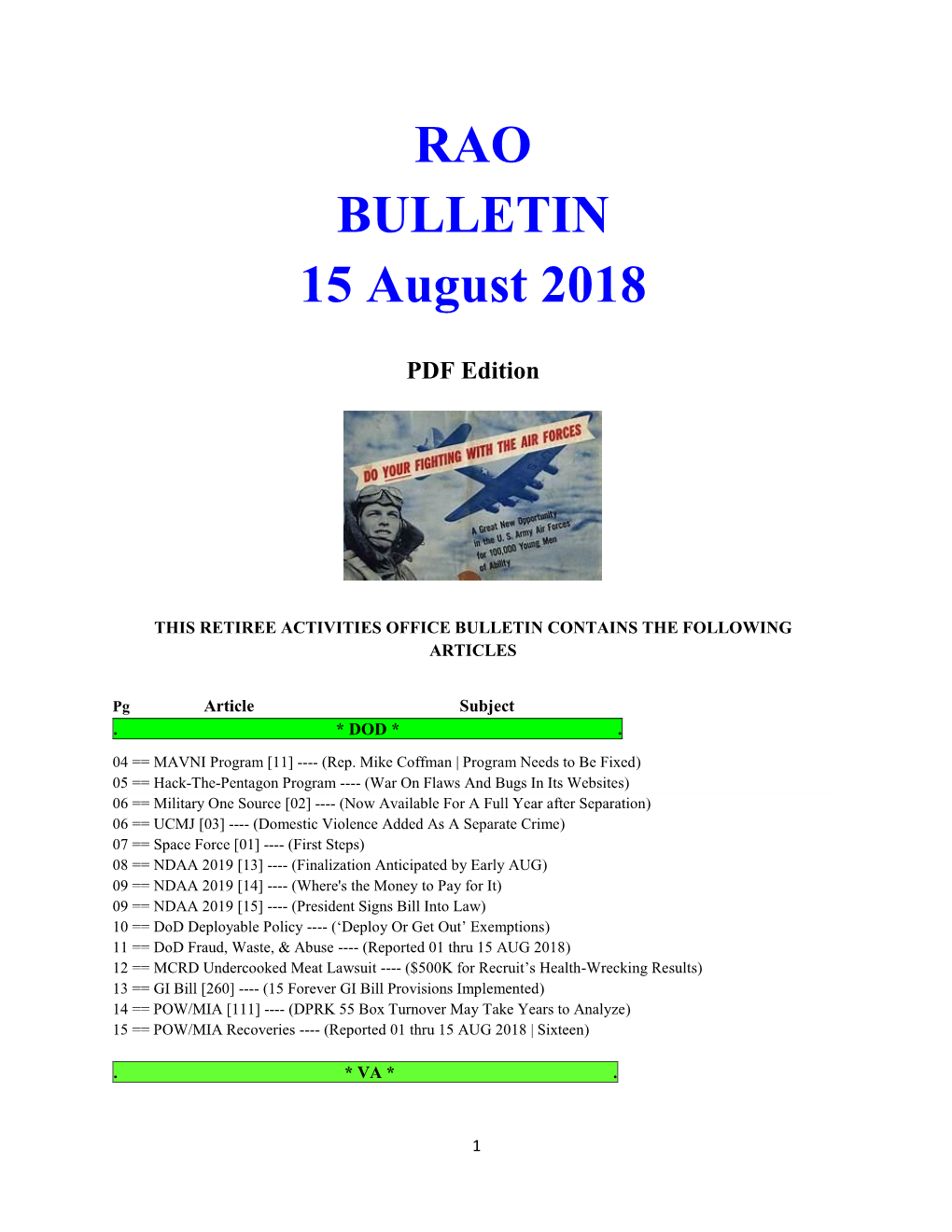 RAO BULLETIN 15 August 2018