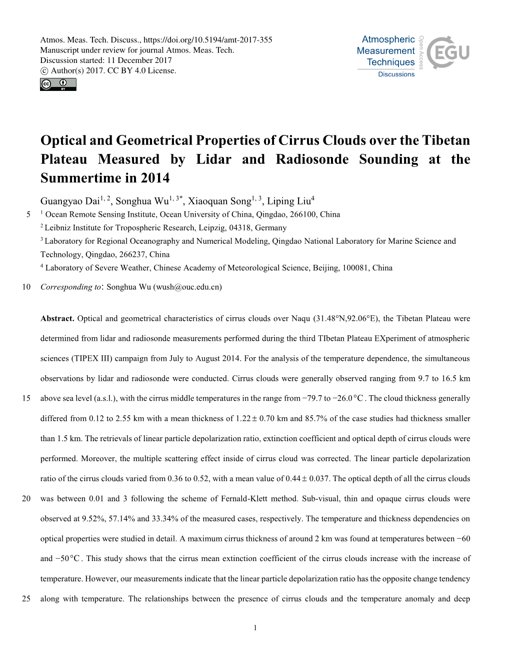 Optical and Geometrical Properties of Cirrus Clouds Over the Tibetan Plateau Measured by Lidar and Radiosonde Sounding at the Summertime in 2014
