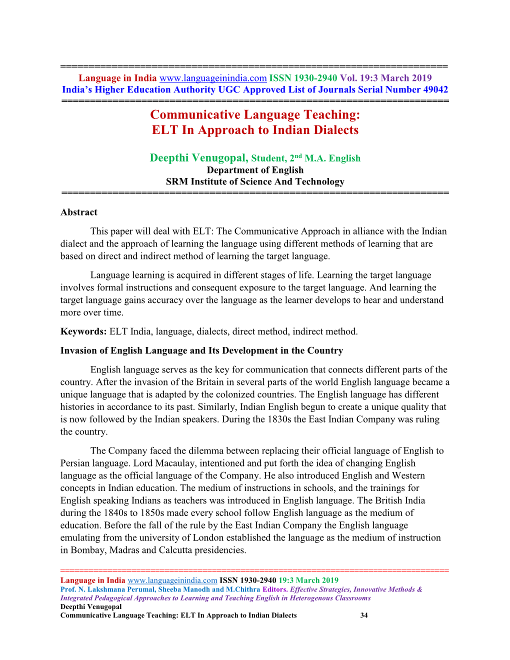 Communicative Language Teaching: ELT in Approach to Indian Dialects