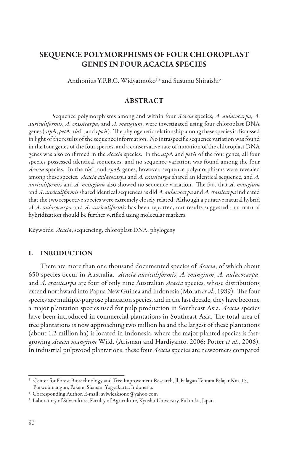 Sequence Polymorphisms of Four Chloroplast Genes in Four Acacia Species