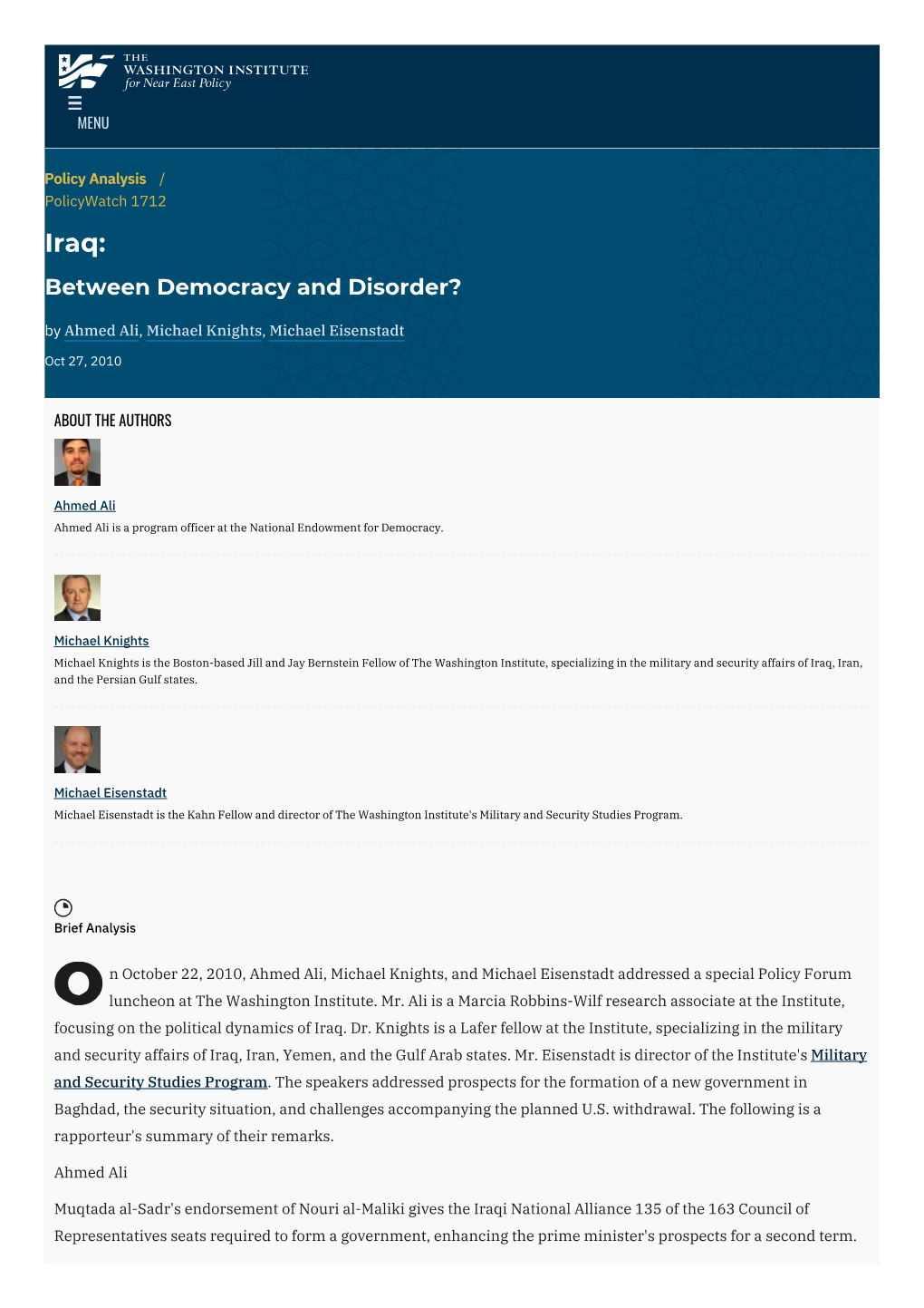 Iraq: Between Democracy and Disorder? | the Washington Institute