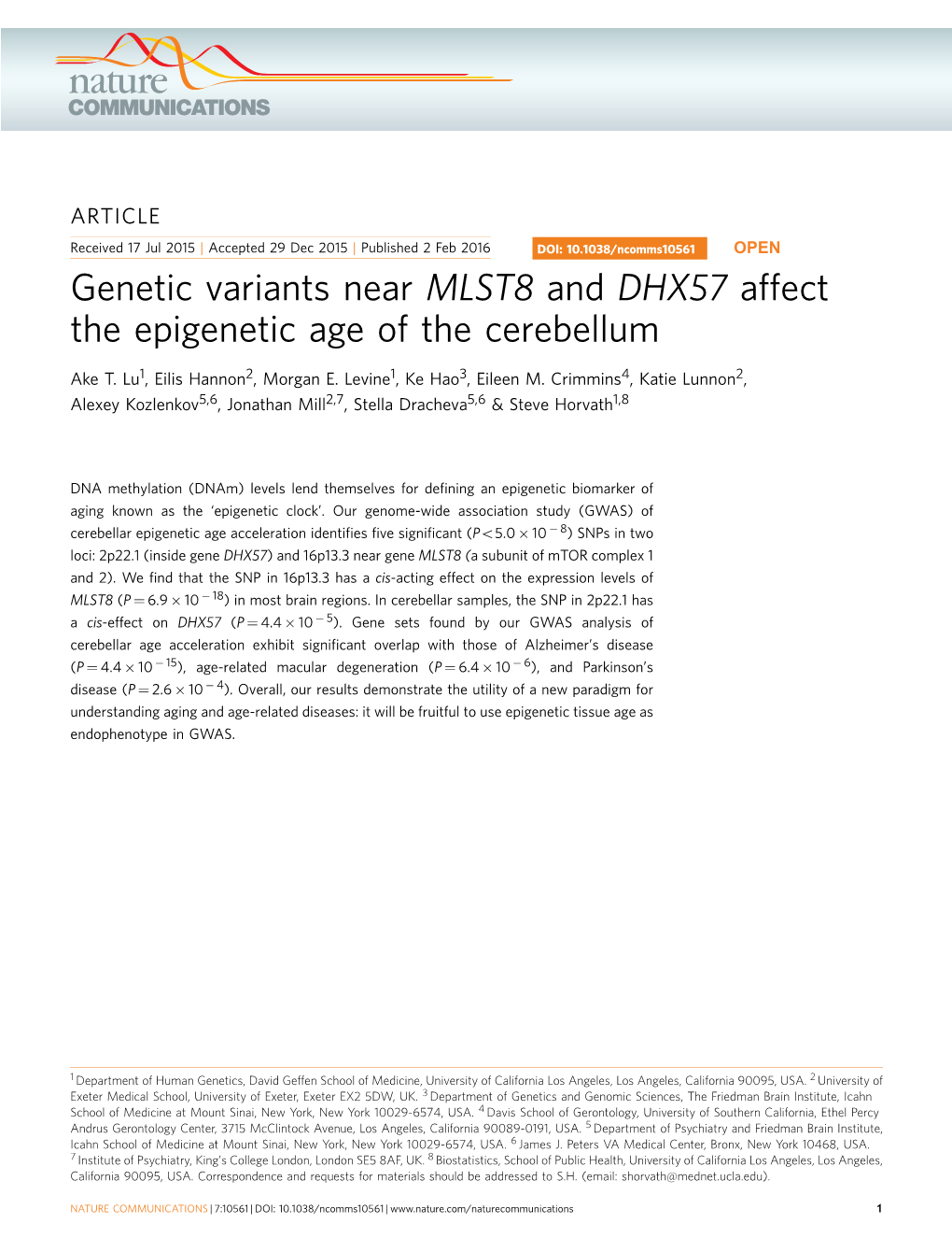 Genetic Variants Near MLST8 and DHX57 Affect the Epigenetic Age of the Cerebellum