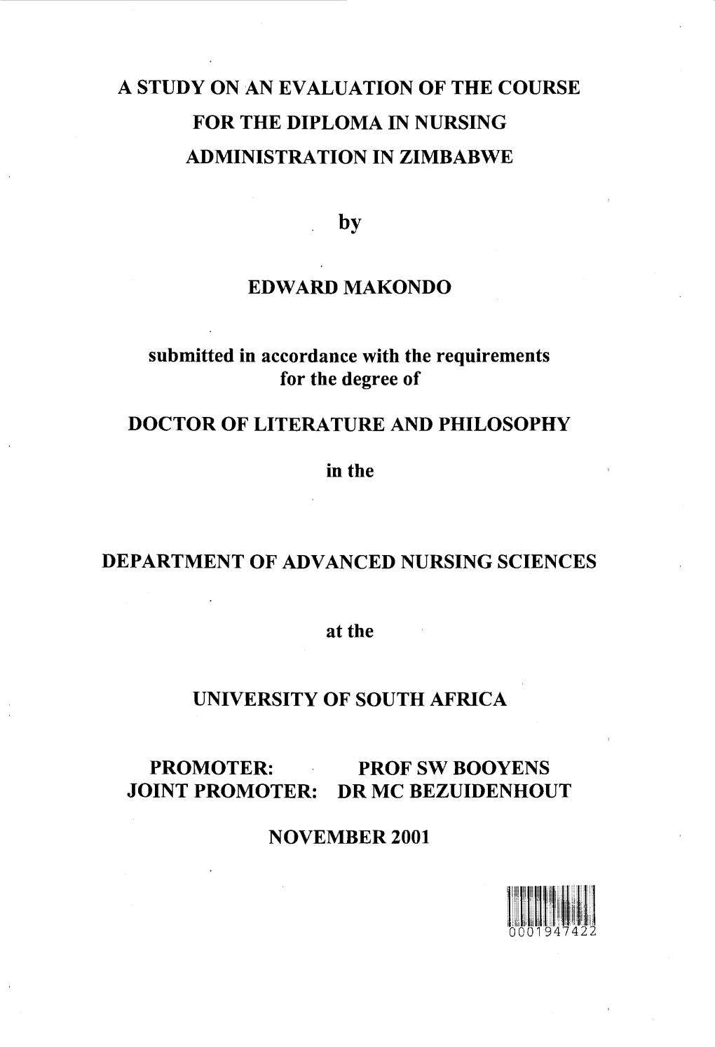 A Study on an Evaluation of the Course for the Diploma in Nursing Administration in Zimbabwe