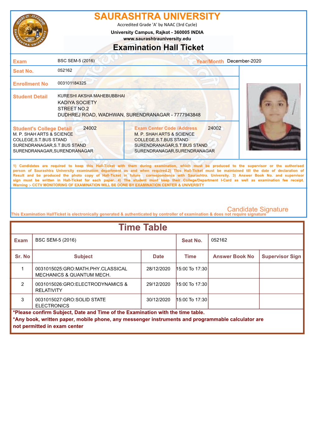 SAURASHTRA UNIVERSITY Time Table