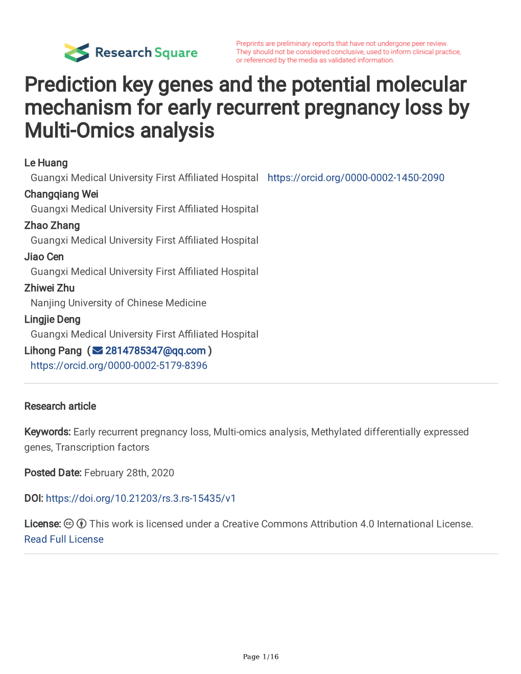 Prediction Key Genes and the Potential Molecular Mechanism for Early Recurrent Pregnancy Loss by Multi-Omics Analysis