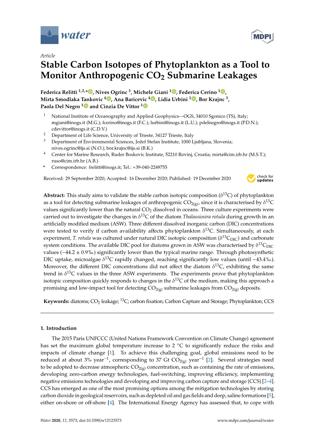 Stable Carbon Isotopes of Phytoplankton As a Tool to Monitor Anthropogenic CO2 Submarine Leakages