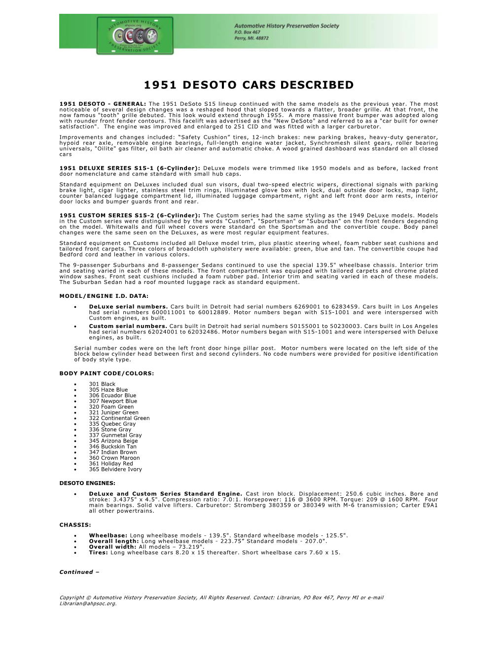 1951 Desoto Cars Described