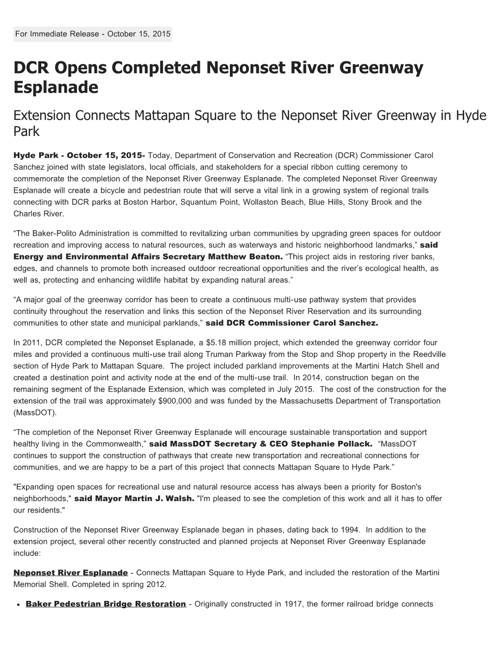 DCR Opens Completed Neponset River Greenway Esplanade Extension Connects Mattapan Square to the Neponset River Greenway in Hyde Park