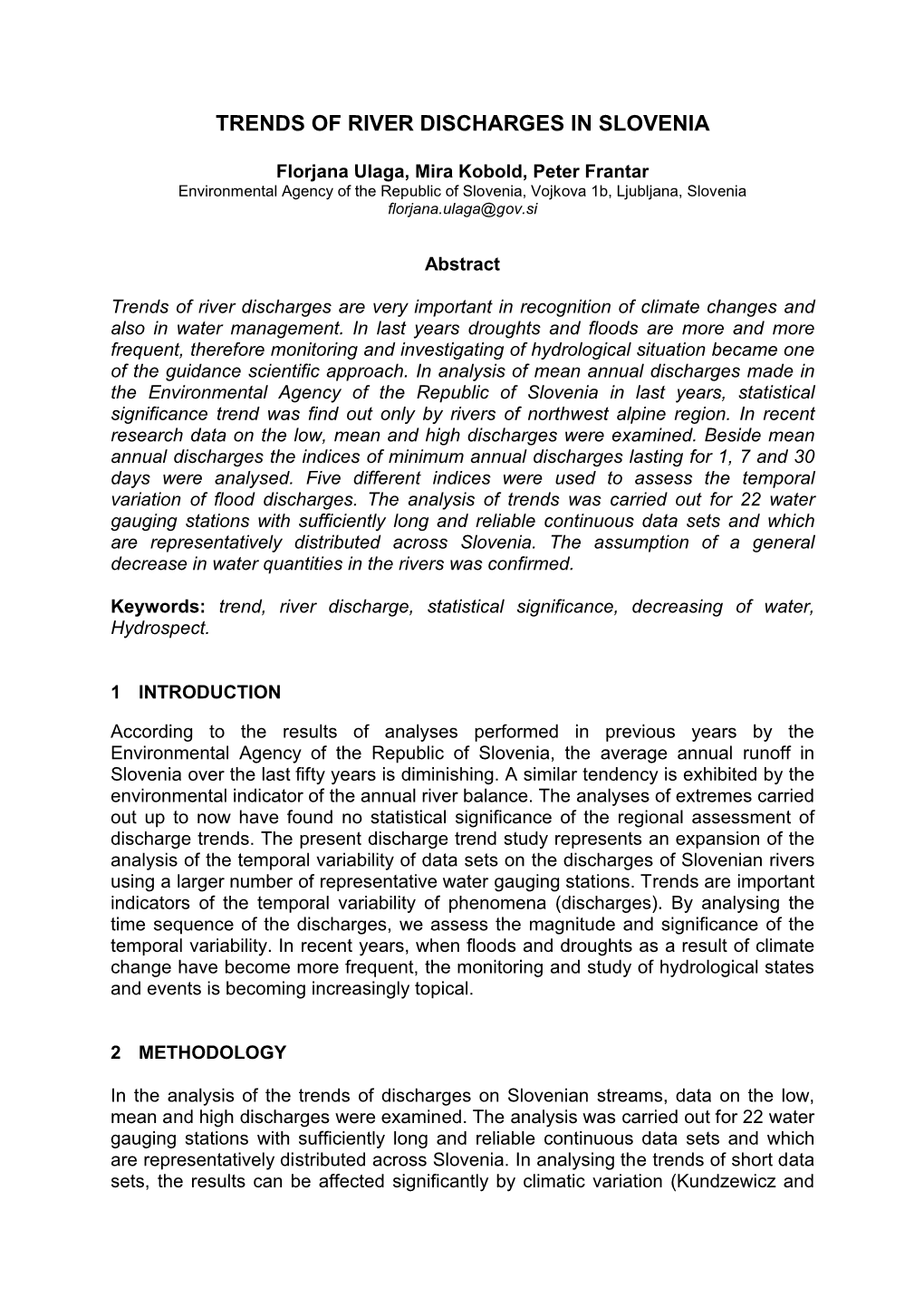 Trends of River Discharges in Slovenia